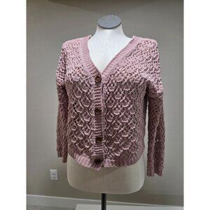 Crochet Knit Button-Up Cardigan Sweater In Mauve Pink With Long Sleeves & V-Neck